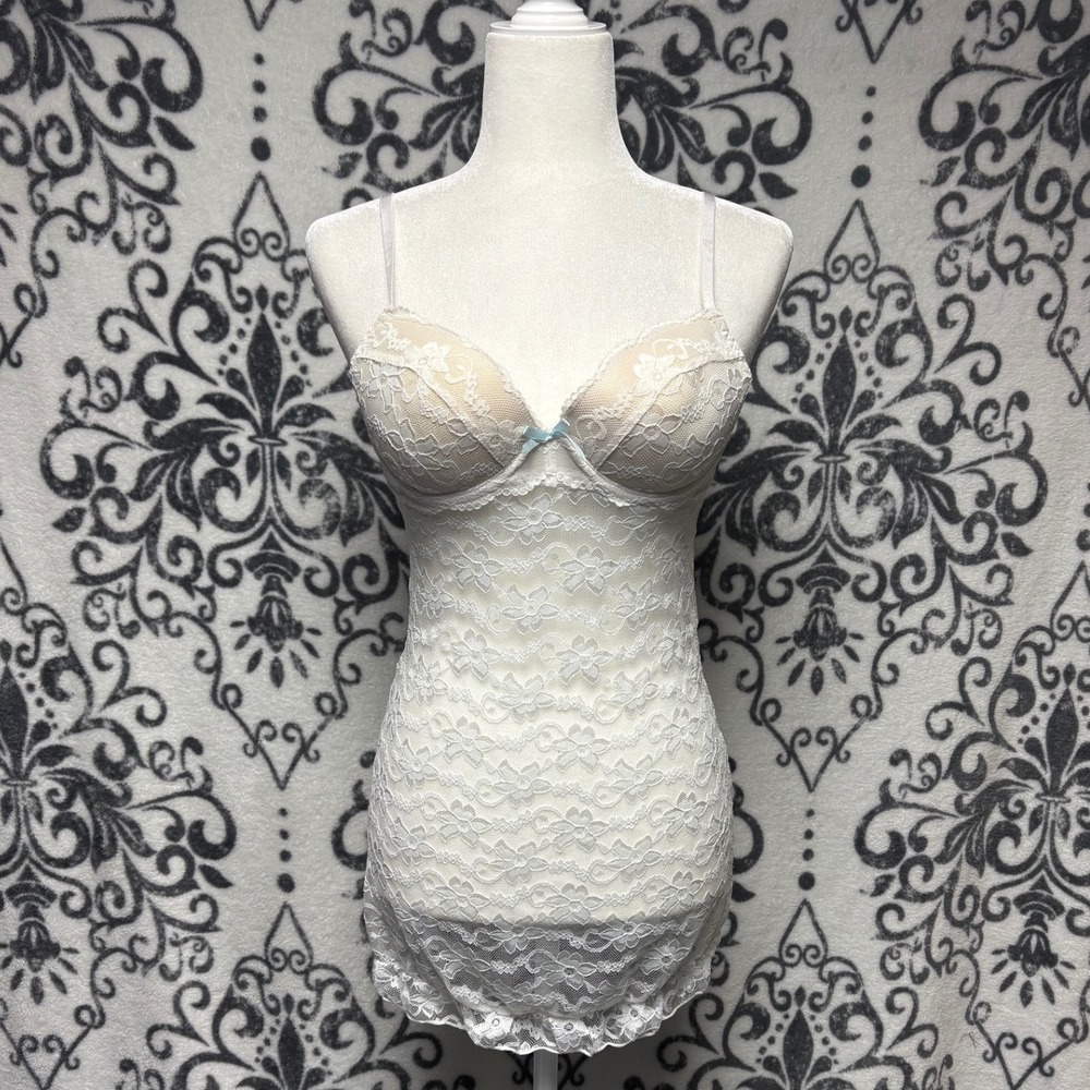 00d/Y2k White Floral Lace‎ Underwire Chemise Ruffle Bow Lingerie Womens Medium